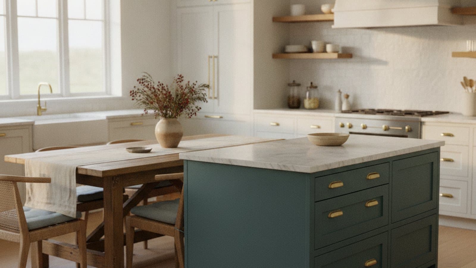 Kitchen with freshly painted cabinets in a soft, timeless color in a Marietta, GA home