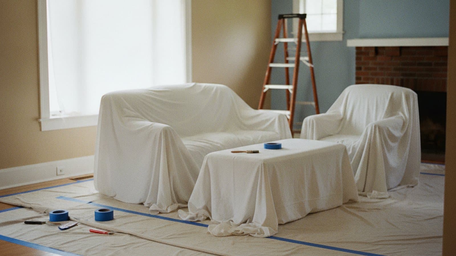 Living room cleared and floors covered with drop cloths ready for interior painting in a Marietta, GA home